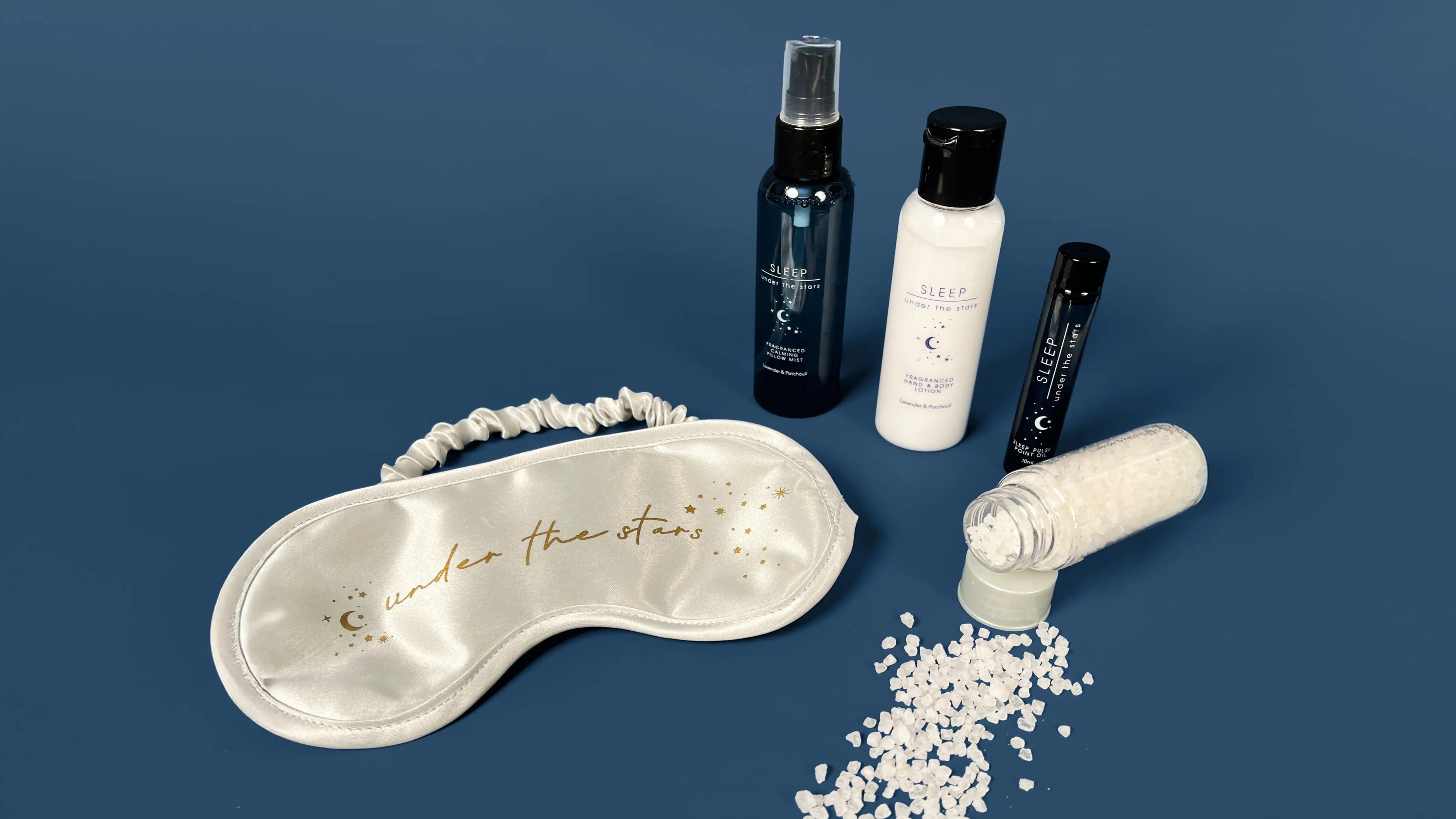 A calming arrangement of b&m personal care products, including sleep masks and sprays