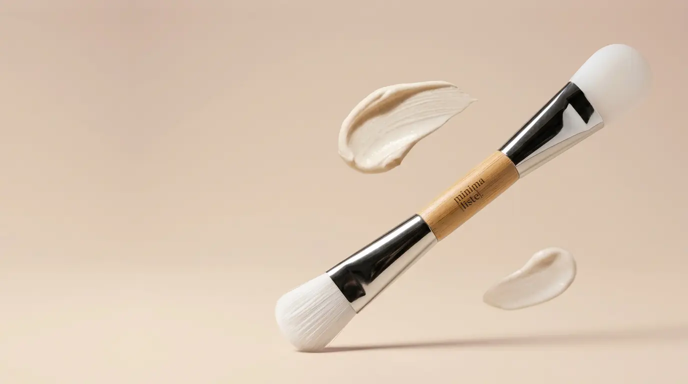 double-ended bamboo makeup brush floating beside cream swatches on a beige background